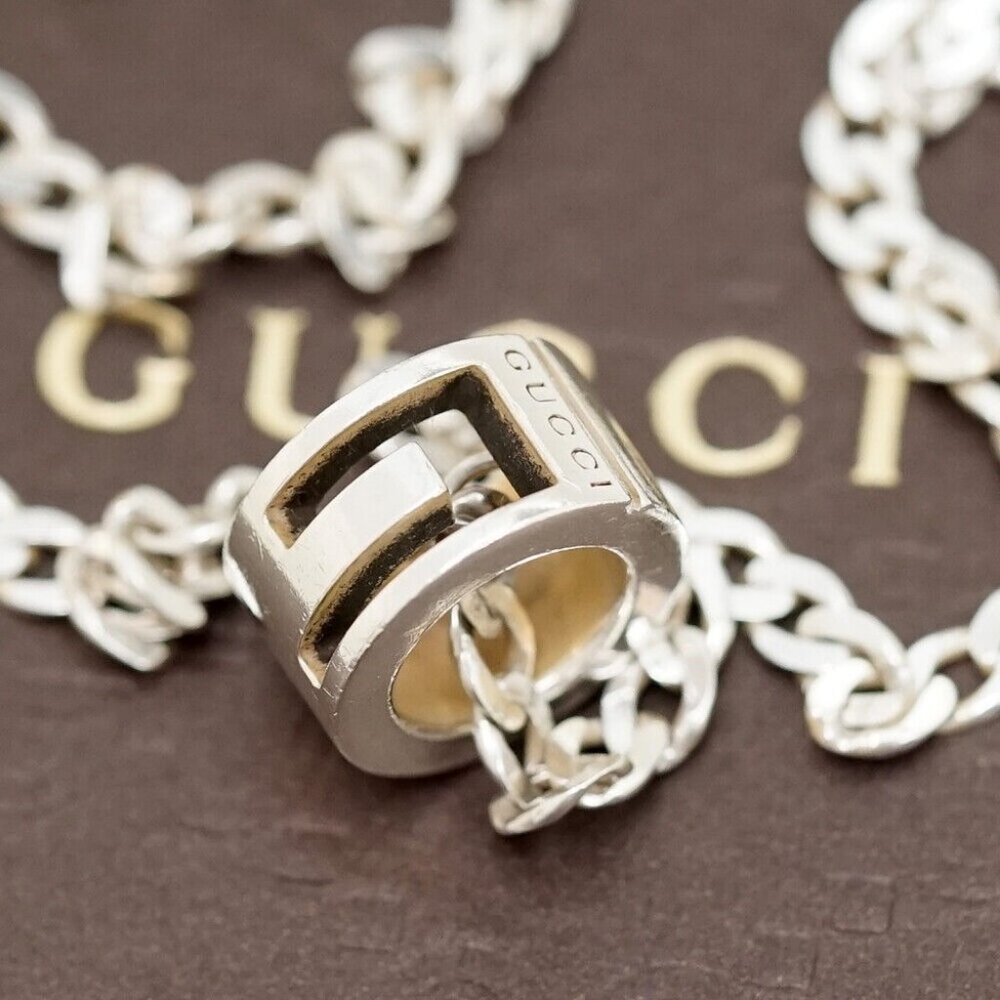 GUCCI Cut Out G Ring Charm Necklace 18" Silver 925 Auth w/Box #7211 - Picture 3 of 7